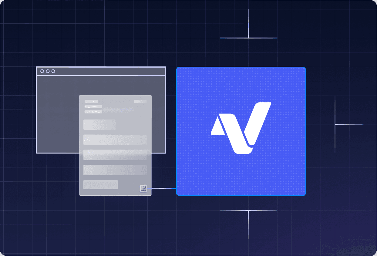 Digital interface showing a payslip linked to a blue square with a white Verifiabl logo on a dark grid background.