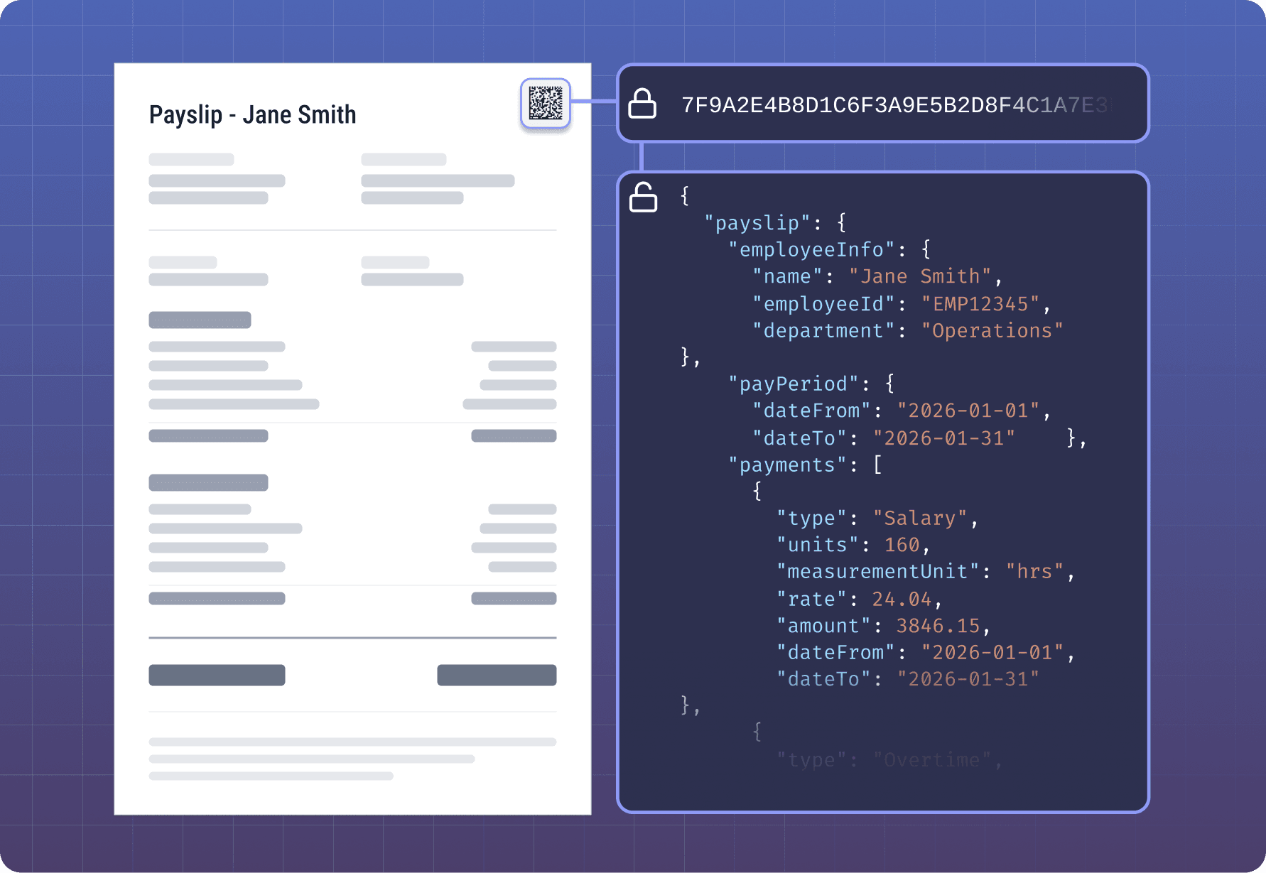 A payslip with an embedded Verifiabl seal linked to encrypted JSON containing the source income data.