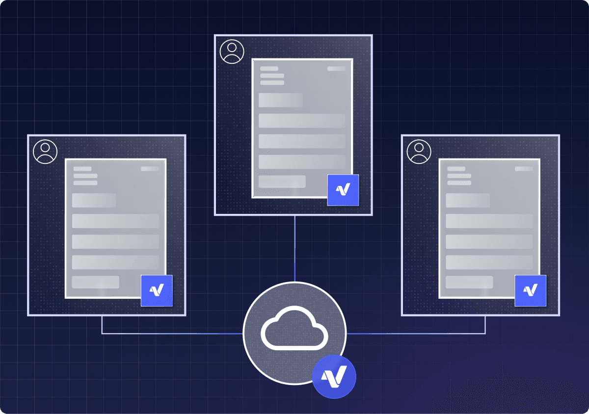 Network diagram showing three digital documents connected to a cloud icon with a Verifiabl logo, illustrating cloud-based document management.